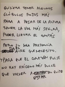 Manuscrito de Jorge Drexler con versos dedicados a Quito en su anterior visita.