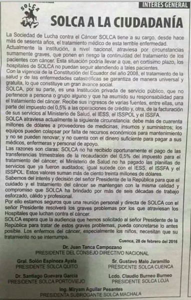 El pasado 28 de febrero, la Sociedad de Lucha contar el Cáncer emitió este comunicado público en los medios impresos del Ecuador, alertando sobre su situación adversa.